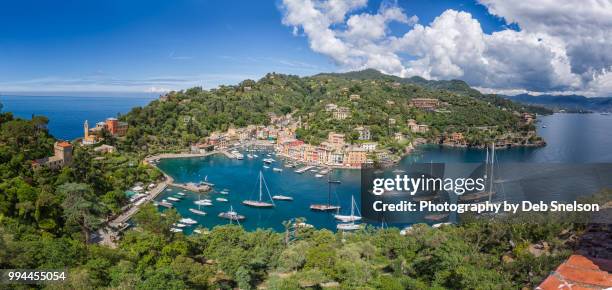 panorama of portofino from bartizon of castle brown - mar de liguria fotografías e imágenes de stock