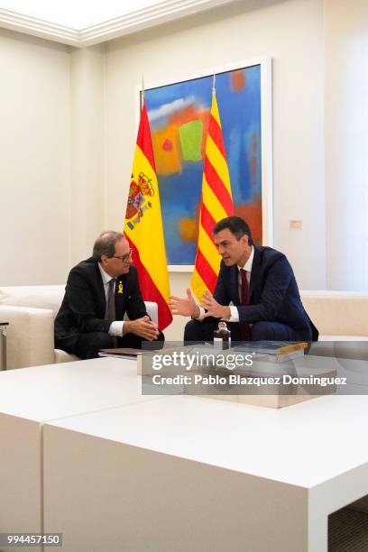 Spanish Prime Minister Pedro Sanchez meets Catalan regional president Quim Torra at Moncloa Palace on July 9, 2018 in Madrid, Spain. Spanish and...