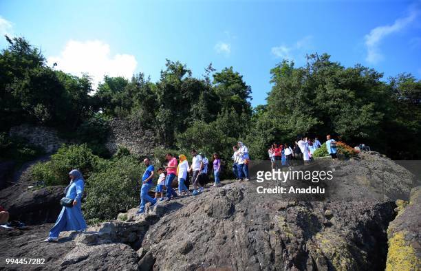 Visitors are seen on the largest island of the Turkish Black Sea coast Giresun Island in Turkey on July 8, 2018. Myths about Amazons who once lived...