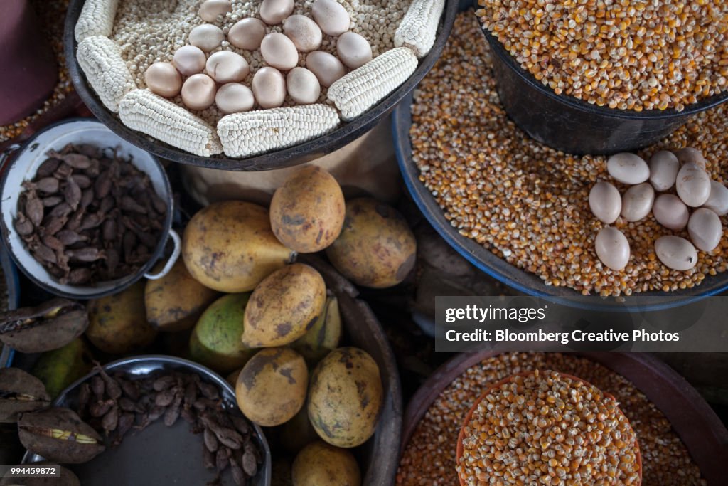 Fresh produce including corn, eggs and the Mbongo wild pepper sit on display at a kiosk