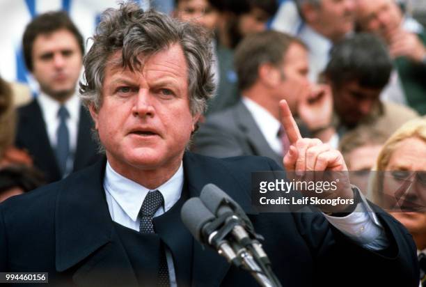 American politician US Senator Ted Kennedy gestures as he speaks at a campaign rally, Harrisburgh, Pennsylvania, 1980. He was running in Democratic...