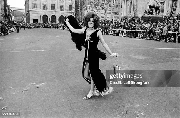 View of a performer in the annual Mummers Day Parade, on Pennsylvania Boulevard at N Broad Street, in front of Philadelphia City Hall, Philadelphia,...