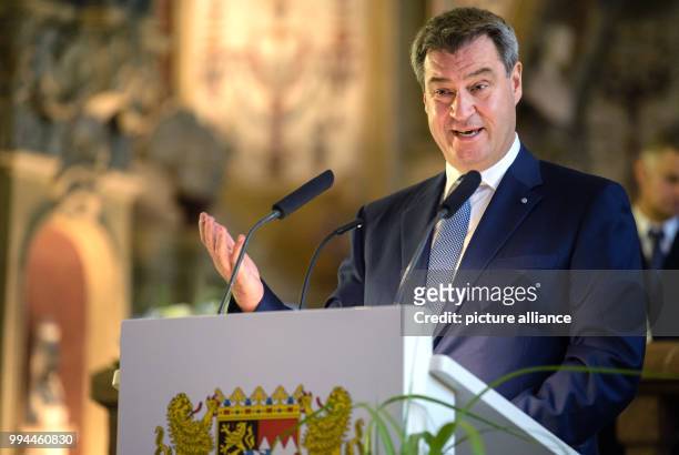 June 2018, Germany, Munich: Markus Soeder of the Christian Social Union , Premier of Bavaria, delivers a speech during the award ceremony of the...