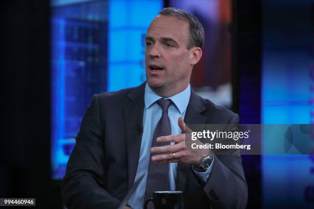 Dominic Raab, Conservative Party candidate for Esher and Walton, gestures while speaking during a Bloomberg Television interview in London, U.K., on...