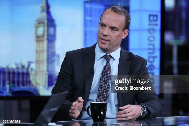 Dominic Raab, Conservative Party candidate for Esher and Walton, gestures while speaking during a Bloomberg Television interview in London, U.K., on...