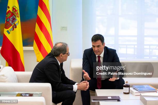 Spanish Prime Minister Pedro Sanchez meets Catalan regional president Quim Torra at Moncloa Palace on July 9, 2018 in Madrid, Spain. Spanish and...