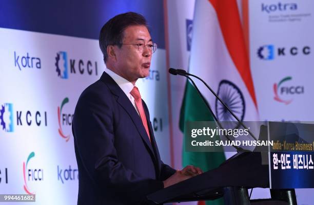 South Korea's President Moon Jae-in delivers a speech at the 'India-Korea Business Forum' in New Delhi on July 9, 2018. - The event was organised by...