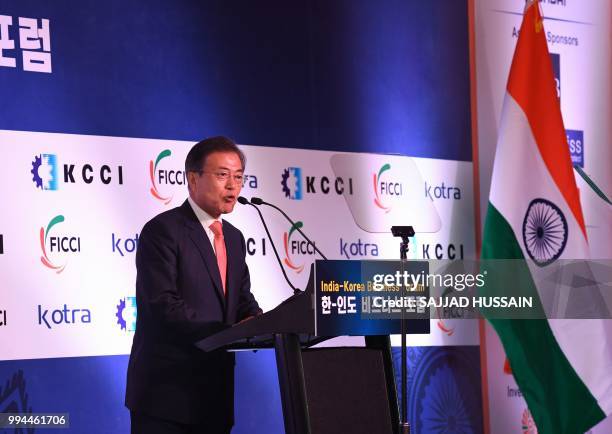 South Korea's President Moon Jae-in delivers a speech at the 'India-Korea Business Forum' in New Delhi on July 9, 2018. - The event was organised by...