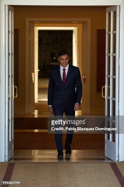 Spanish Prime Minister Pedro Sanchez comes out to meet Catalan regional president Quim Torra at Moncloa Palace on July 9, 2018 in Madrid, Spain....