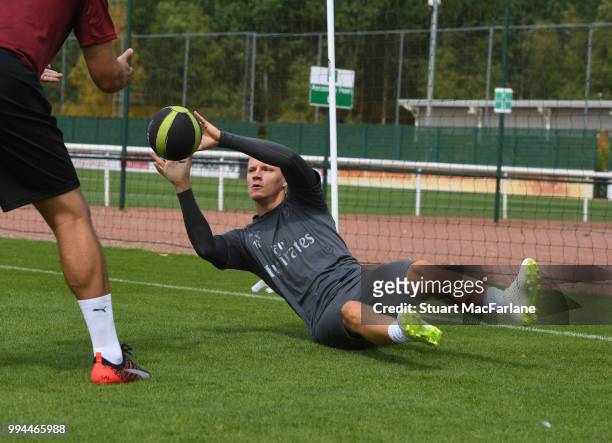 Arsenal goalkeeper Bernd Leno during a training session at Colney on July 9, 2018 in St Albans, England.