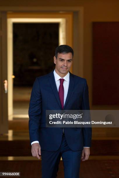 Spanish Prime Minister Pedro Sanchez comes out to meet Catalan regional president Quim Torra at Moncloa Palace on July 9, 2018 in Madrid, Spain....