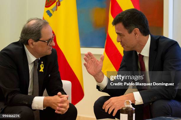 Spanish Prime Minister Pedro Sanchez meets Catalan regional president Quim Torra at Moncloa Palace on July 9, 2018 in Madrid, Spain. Spanish and...