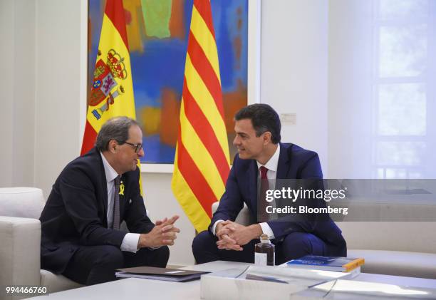 Joaquim Torra, Catalonia's president, left, speaks during a meeting with Pedro Sanchez, Spain's prime minister, at Moncloa palace in Madrid, Spain,...