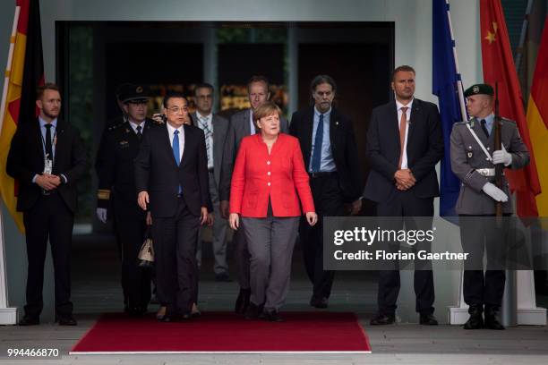 German Chancellor Angela Merkel meets Li Keqiang , Prime Minister of China, on July 09, 2018 in Berlin, Germany. They come together because of the...