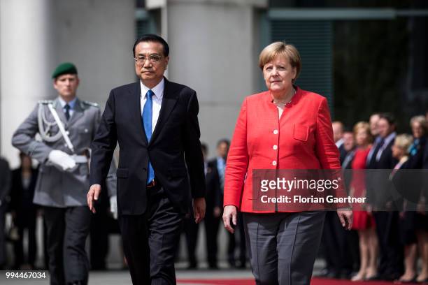 German Chancellor Angela Merkel meets Li Keqiang , Prime Minister of China, on July 09, 2018 in Berlin, Germany. They come together because of the...