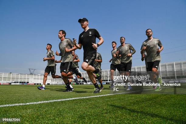 Joao Cancelo , Claudio Marchisio , Enrico Maffei, Daniele Rugani, Federico Bernardeschi and Miralem Pjanic during a Juventus training session at...