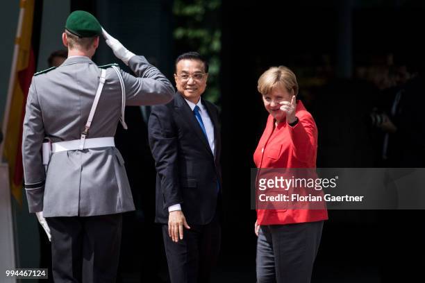 German Chancellor Angela Merkel meets Li Keqiang , Prime Minister of China, on July 09, 2018 in Berlin, Germany. They come together because of the...