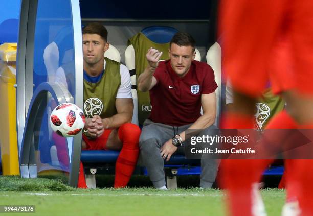 Gary Cahill, Jamie Vardy of England on the bench during the 2018 FIFA World Cup Russia Quarter Final match between Sweden and England at Samara Arena...