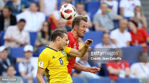 Albin Ekdal of Sweden, Harry Kane of England during the 2018 FIFA World Cup Russia Quarter Final match between Sweden and England at Samara Arena on...