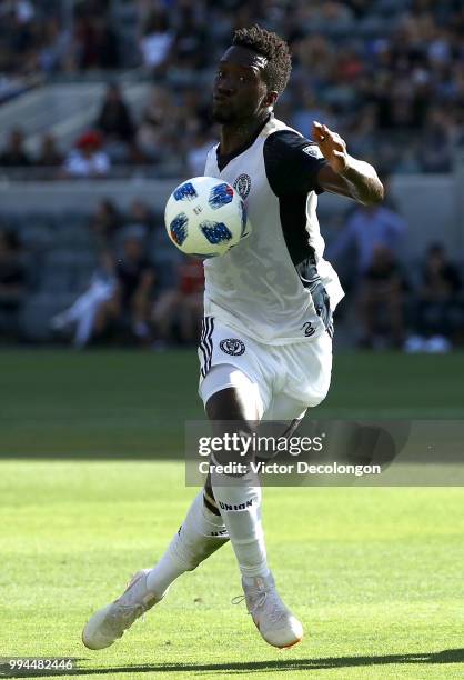 Sapong of Philadelphia Union plays the ball of his chest in the first half of their MLS match against Los Angeles FC at Banc of California Stadium on...