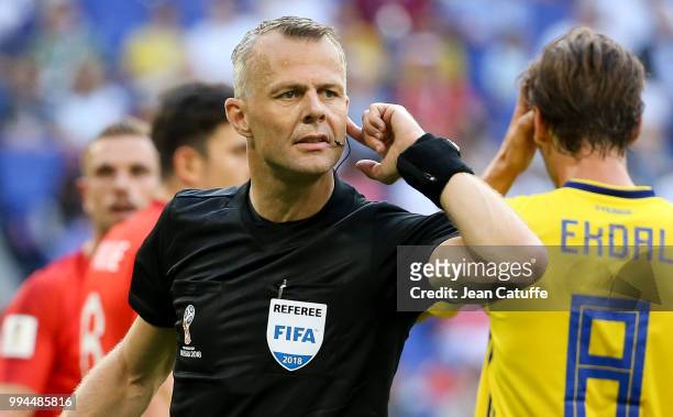 Referee Bjorn Kuipers of the Netherlands during the 2018 FIFA World Cup Russia Quarter Final match between Sweden and England at Samara Arena on July...