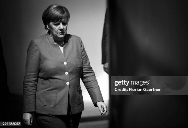 Image has been converted to black and white.) BERLIN, GERMANY German Chancellor Angela Merkel is pictured on July 09, 2018 in Berlin, Germany.