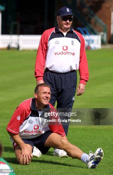 Alec Stewart stretches out with Coach Duncan Fletcher behind during England's net session at Lord's, London. +DIGITAL IMAGE+ Mandatory Credit: Craig...