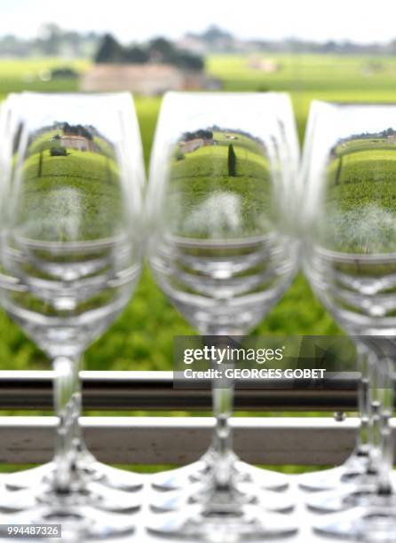 Picture taken through wine glasses on July 5, 2018 in Saint Emilion near Bordeaux shows wineyard at the Chateau La Grace Dieu des Prieurs estate,...