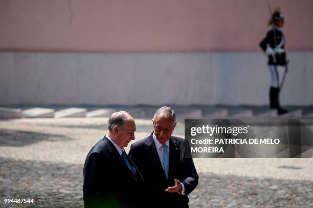 Portuguese President Marcelo Rebelo de Sousa welcomes Prince Karim Aga Khan IV at Belem Palace in Lisbon on July 9, 2018. - The Aga Khan attends...