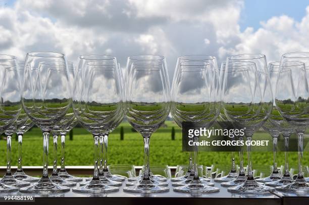 Picture taken through wine glasses on July 5, 2018 in Saint Emilion near Bordeaux shows wineyard at the Chateau La Grace Dieu des Prieurs estate,...