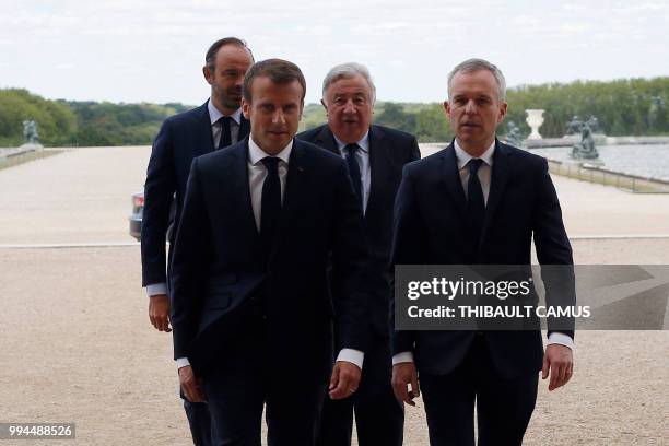 French Prime Minister Edouard Philippe , Senate house-speaker Gerard Larcher and National Assembly president Francois de Rugy and French President...