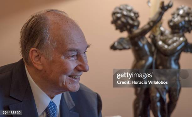 Portuguese President Marcelo Rebelo de Sousa and Shah Karim Al-Hussaini, Prince Aga Khan , meet in Belem presidential Palace on July 09, 2018 in...