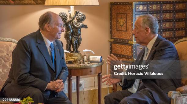 Portuguese President Marcelo Rebelo de Sousa and Shah Karim Al-Hussaini, Prince Aga Khan , meet in Belem presidential Palace on July 09, 2018 in...