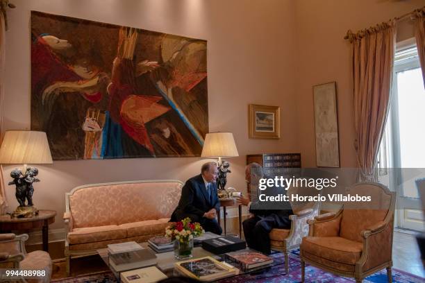 Portuguese President Marcelo Rebelo de Sousa and Shah Karim Al-Hussaini, Prince Aga Khan , meet in Belem presidential Palace on July 09, 2018 in...