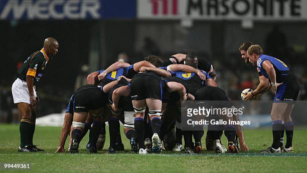 Referre Pro Legoete tries to organise the scrum during the Super 14 match between the Sharks and Western Force held at Absa Stadium on May 14, 2010...