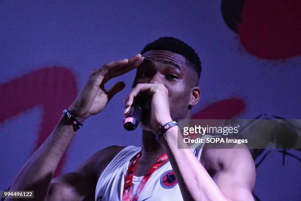 Giannis Antetokoumpo speaking after the race. A five kilometer road race aimed at strengthening structures and supporting vulnerable social groups,...
