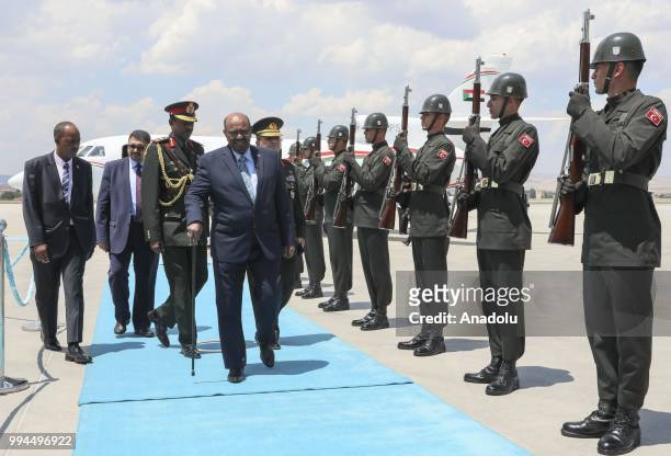 President of Sudan Omar al-Bashir is welcomed with an official ceremony as he arrives in Ankara, Turkey on July 9, 2018. Omar al-Bashir will attend...