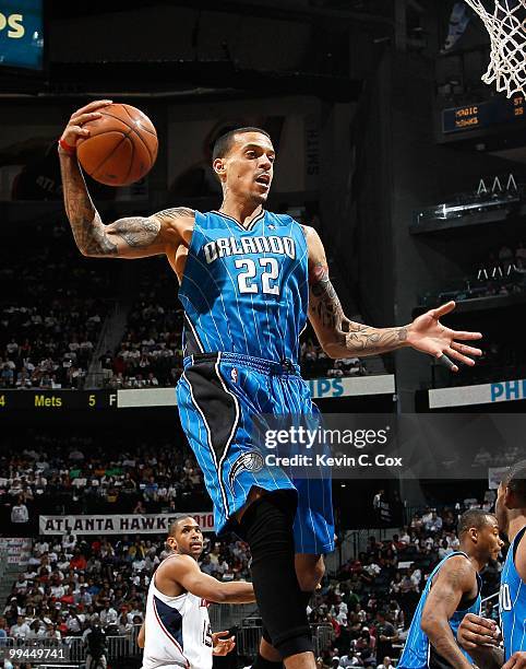 Matt Barnes of the Orlando Magic against the Atlanta Hawks during Game Three of the Eastern Conference Semifinals during the 2010 NBA Playoffs at...