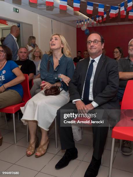 Former French President Francois Hollande and Julie Gayet watch World Cup Russia Quarter Final match between Uruguay and France at the Socialist...