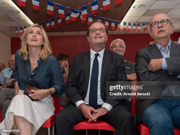 Former French President Francois Hollande and Julie Gayet watch World Cup Russia Quarter Final match between Uruguay and France at the Socialist...