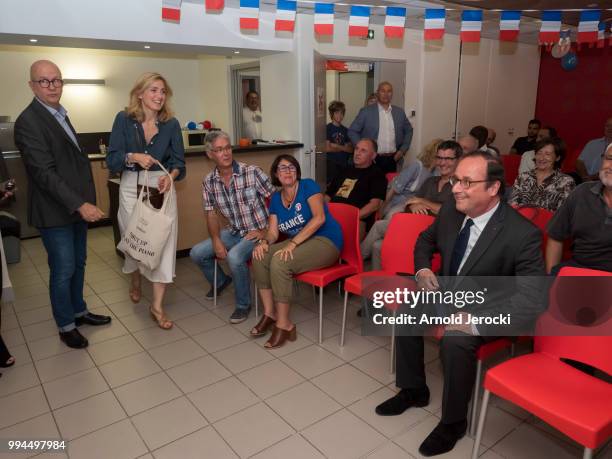 Former French President Francois Hollande and Julie Gayet watch World Cup Russia Quarter Final match between Uruguay and France at the Socialist...