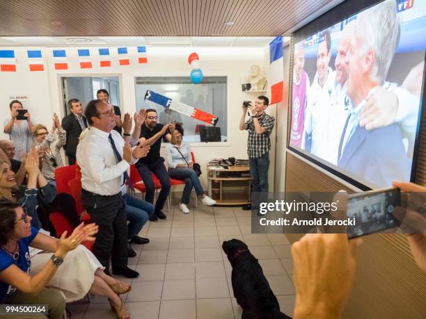 Former French President Francois Hollande and Julie Gayet watch World Cup Russia Quarter Final match between Uruguay and France at the Socialist...