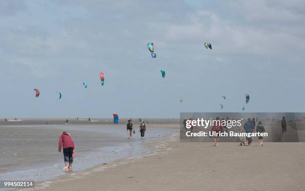 Trendsport kite surfing on the North sea coast in St. Peter Ording and the concerns about the habitat of the birds on this strech of coast in the...