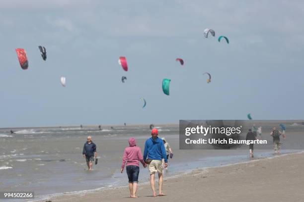 Trendsport kite surfing on the North sea coast in St. Peter Ording and the concerns about the habitat of the birds on this strech of coast in the...