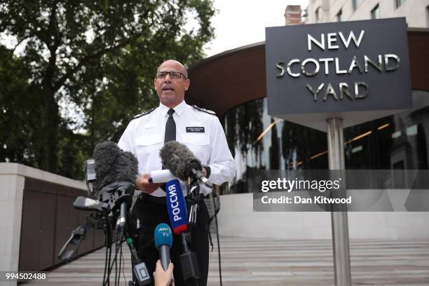 Assistant Commissioner of Specialist Operations Neil Basu at New Scotland Yard reads a statement to the media outside New Scotland Yard on July 9,...