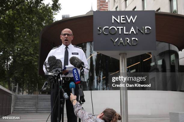 Assistant Commissioner of Specialist Operations Neil Basu at New Scotland Yard reads a statement to the media outside New Scotland Yard on July 9,...