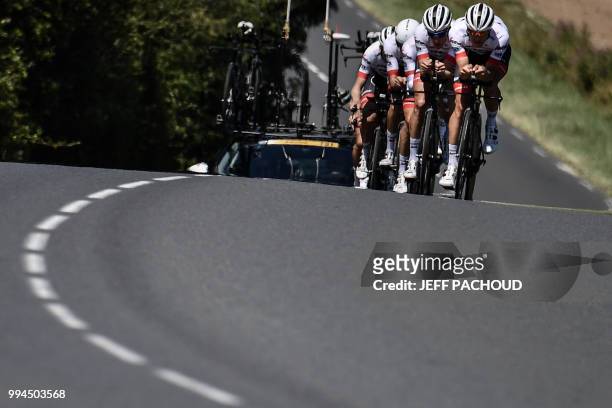 Riders of USA's Trek - Segafredo cycling team pedal on the route during a training session, prior to the third stage of the 105th edition of the Tour...