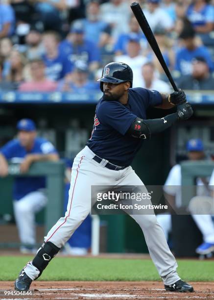 Boston Red Sox center fielder Jackie Bradley Jr. Bats in the first inning of an MLB game between the Boston Red Sox and Kansas City Royals on July 6,...