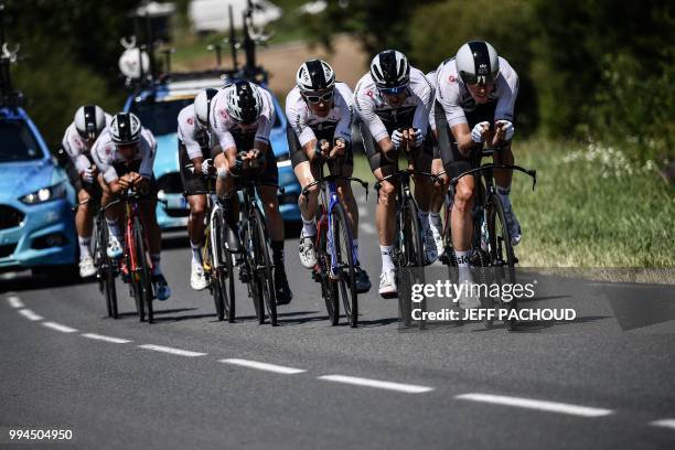 Great Britain's Geraint Thomas and riders of Great Britain's Team Sky cycling team pedal during a training session on the stage's route, prior to the...