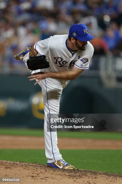 Kansas City Royals relief pitcher Brian Flynn pitches in the seventh inning of an MLB game between the Boston Red Sox and Kansas City Royals on July...